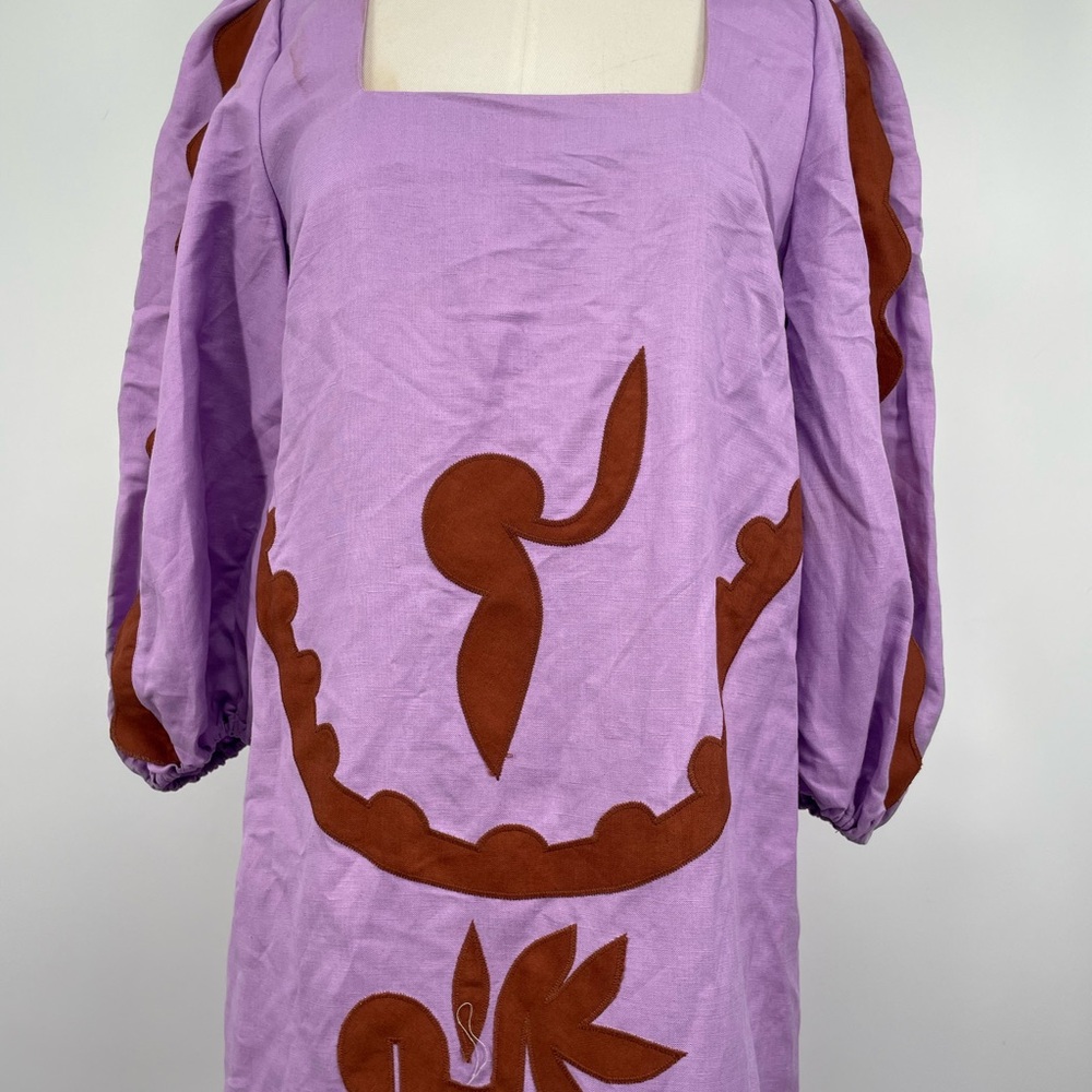 Adriana Degreas Women's Cognac Brown/Lilac Purple Midi Applique Tunic Dress Sz S